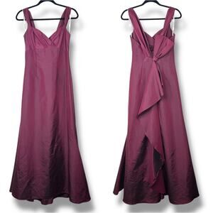 David's Bridal Wine Satin V-Neck Bow Back Full Length Tulle Maxi Dress Gown